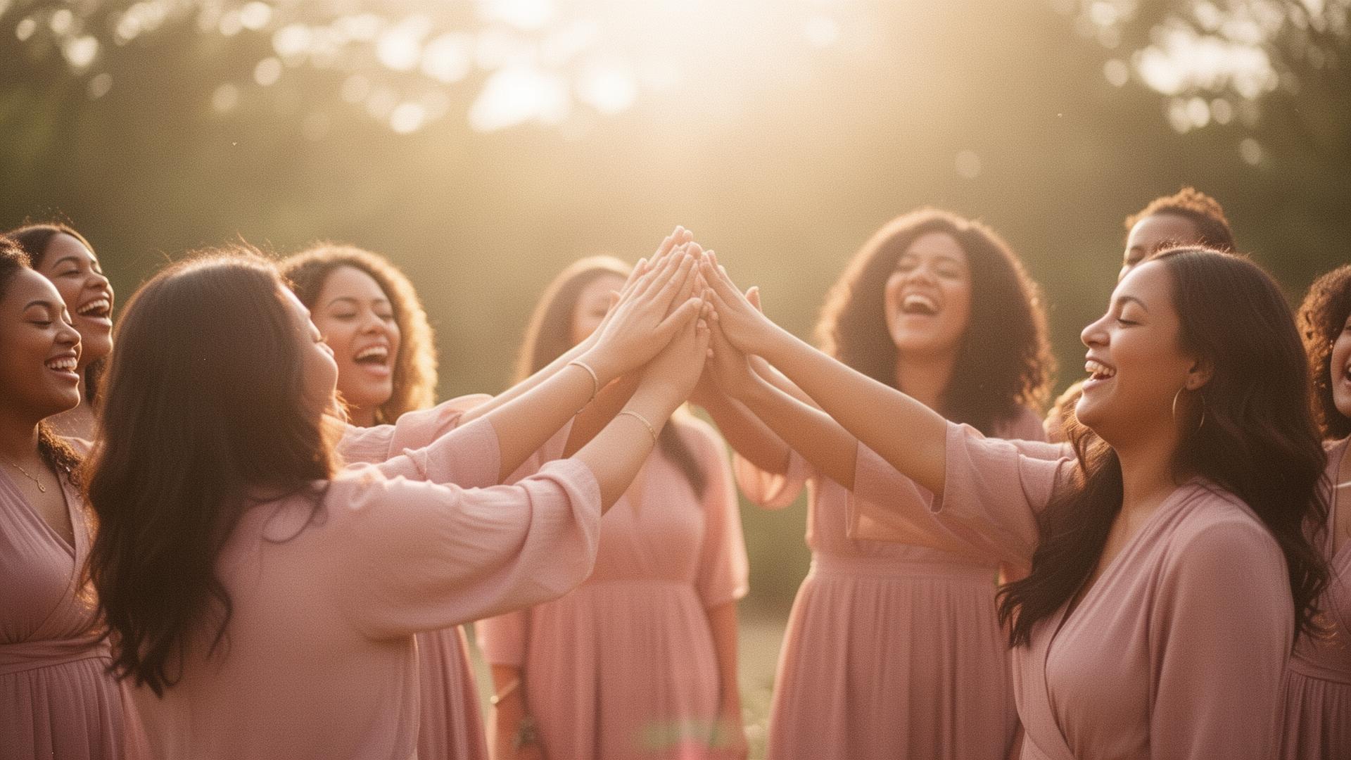 Women lifting hands together in worship at golden hour